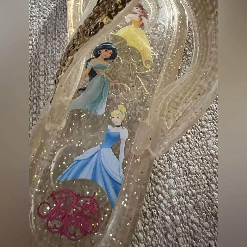 Disney Princess girls gold glitter & sequin jelly flip flops size 2
